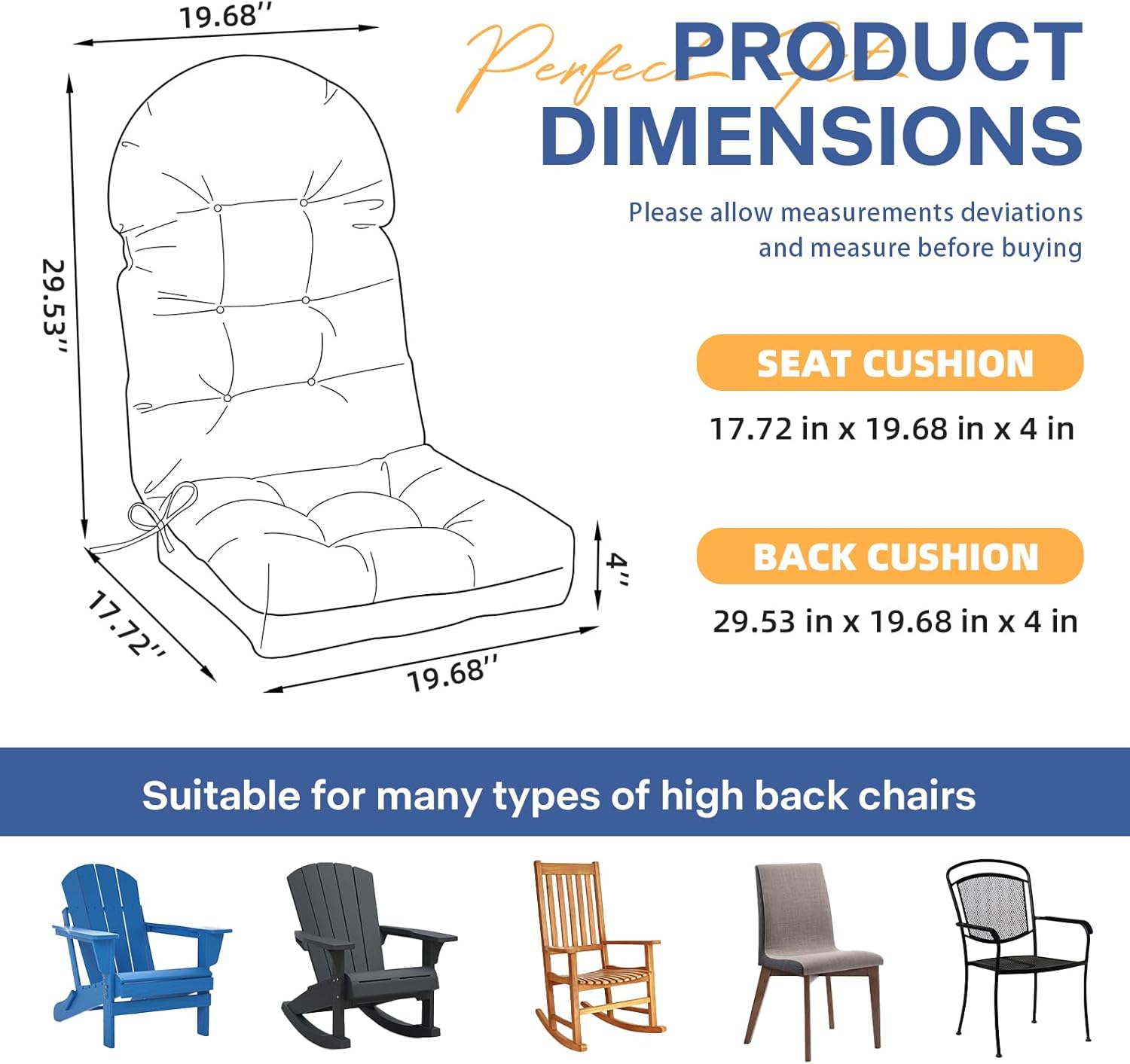 Outdoor Adirondack Chair Cushions Set of 2 Orange Waterproof High Back Patio Chair Cushion with Ties Indoor Outdoor Lounge Cushions Replacement,